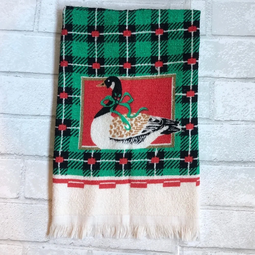 Vintage 80s Christmas Goose Hand Towel - Plaid Cottagecore Holiday Kitchen Decor